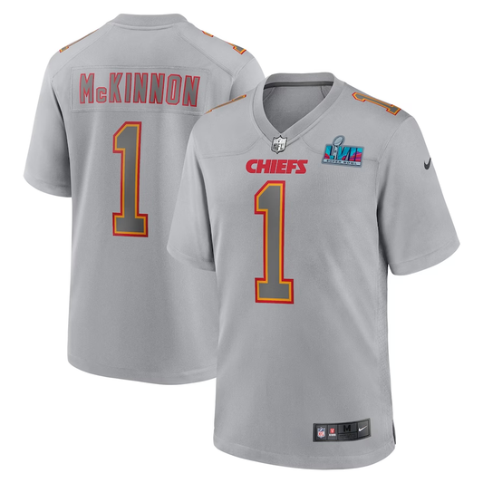 Men's Kansas City Chiefs Jerick McKinnon #1 Gray Super Bowl LVII Patch Atmosphere Fashion Game Jersey1