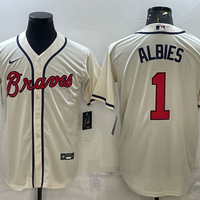 Men's Atlanta Braves Ozzie Albies #1 Beige Replica Player Jersey1