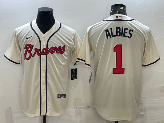 Men's Atlanta Braves Ozzie Albies #1 Beige Replica Player Jersey1
