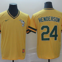 Men's Oakland Athletics Rickey Henderson #24 Yellow Replica Player Jersey1