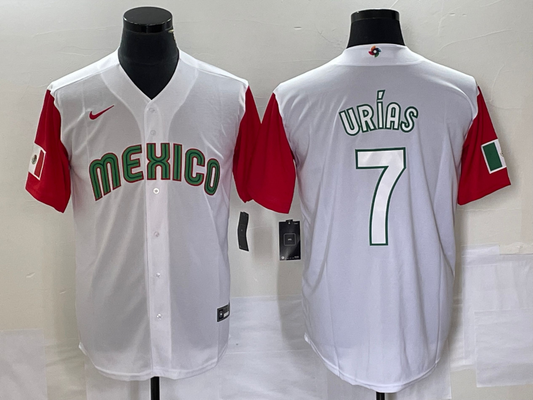 Men's 2023 World Baseball Classic #7 Julio Urias Mexico White Player Jersey1