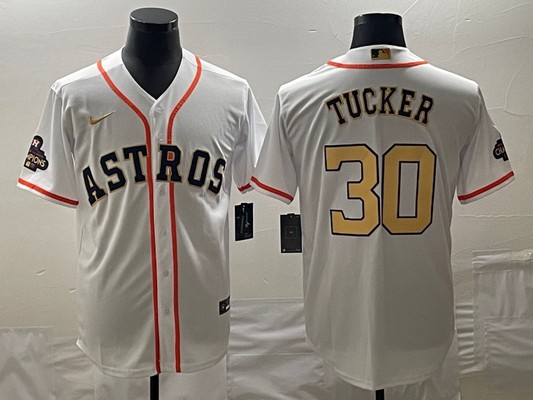 Men's Houston Astros Kyle Tucker #30 White/Gold 2023 Gold Collection Replica Player Jersey1