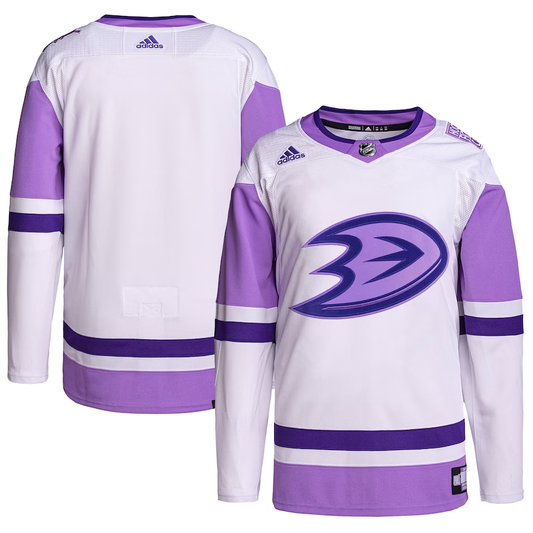Men's Anaheim Ducks White/Purple Hockey Fights Cancer Primegreen Authentic Blank Practice Jersey1