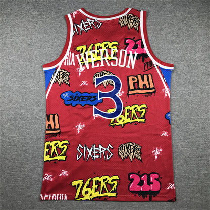 Men's Philadelphia 76ers Allen Iverson #3 Red Swingman Graffiti Edition Jersey1