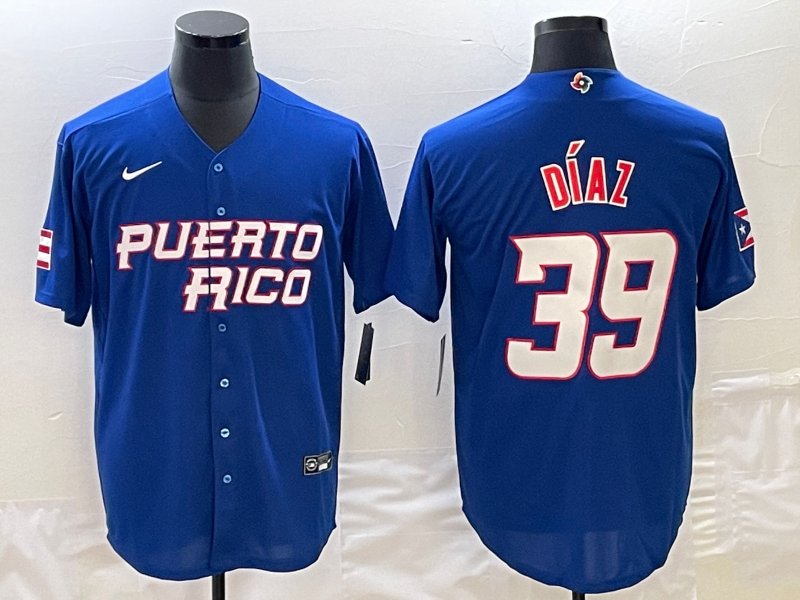 Men's 2023 World Baseball Classic #39 Edwin Diaz Puerto Rico Blue Jersey1