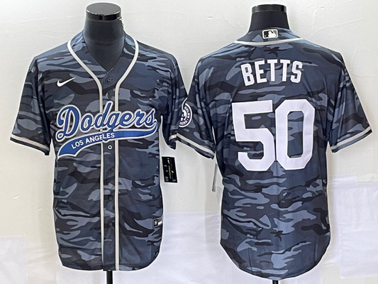 Men's Los Angeles Dodgers Mookie Betts #50 Grey Camouflage Player Jersey1 Joint Edition