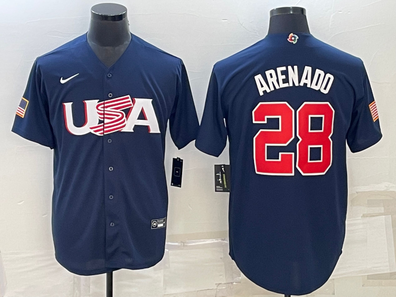 Men's 2023 World Baseball Classic #28 Nolan Arenado USA Navy Jersey1