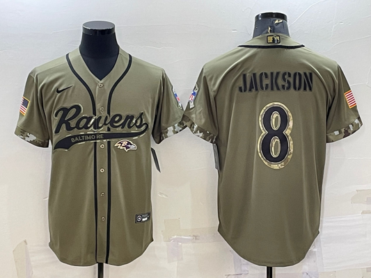 Men's Baltimore Ravens Lamar Jackson #8 Olive 2022 Salute To Service Limited Jersey1 Joint Edition