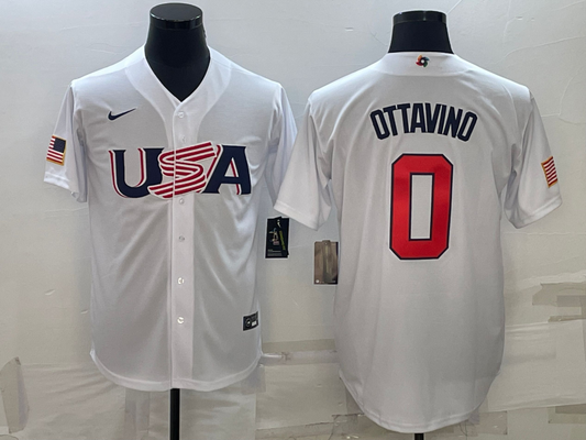 Men's 2023 World Baseball Classic #0 Adam Ottavino USA White Jersey1