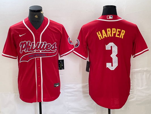 Men's Philadelphia Phillies Bryce Harper #3 Red Player Jersey1 Joint Edition