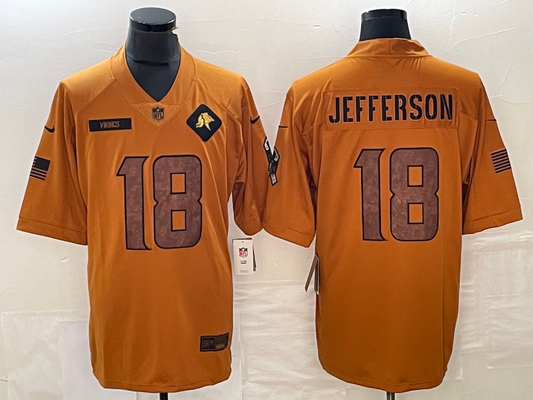 Men's Minnesota Vikings Justin Jefferson #18 Brown 2023 Salute To Service Limited Jersey1