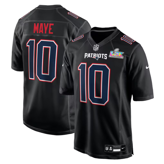 Men's New England Patriots Drake Maye #10 Black Super Bowl LX Patch Carbon Fashion Game Jersey