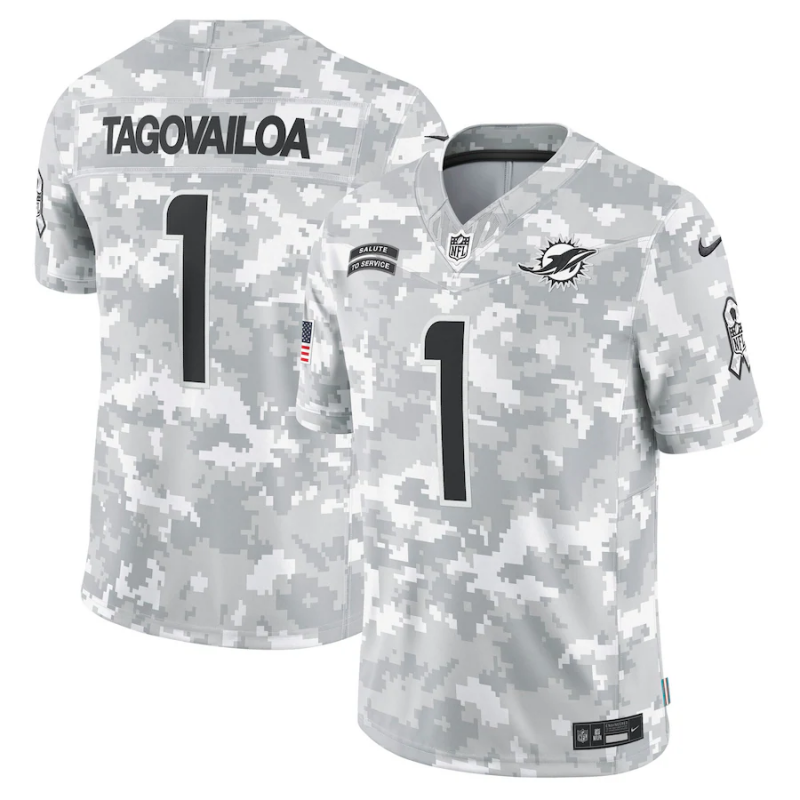 Men's Miami Dolphins Tua Tagovailoa #1 Arctic Camo 2024 Salute to Service Limited Jersey1