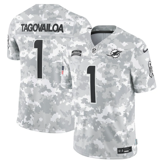 Men's Miami Dolphins Tua Tagovailoa #1 Arctic Camo 2024 Salute to Service Limited Jersey1