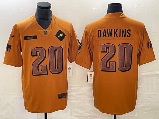 Men's Philadelphia Eagles Brian Dawkins #20 Brown 2023 Salute To Service Retired Player Limited Jersey1