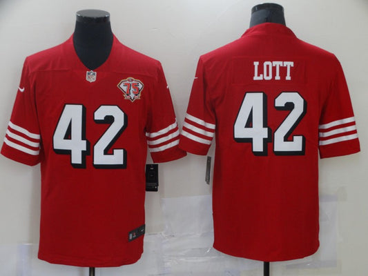 Men's San Francisco 49ers Ronnie Lott #42 Red 75th Anniversary Game Jersey1
