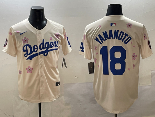 Men's Los Angeles Dodgers Yoshinobu Yamamoto #18 Cream Replica Player Jersey1