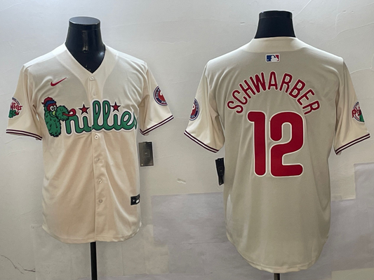 Men's Philadelphia Phillies Kyle Schwarber #12 Cream Replica Player Jersey1