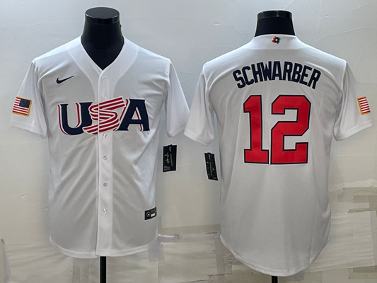 Men's 2023 World Baseball Classic #12 Kyle Schwarber USA White Jersey1