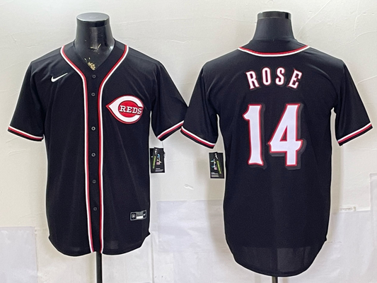 Men's Cincinnati Reds Pete Rose #14 Fashion Replica Black Out Jersey