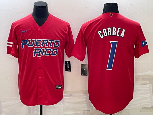 Men's 2023 World Baseball Classic #1 Carlos Correa Puerto Rico Red Jersey1
