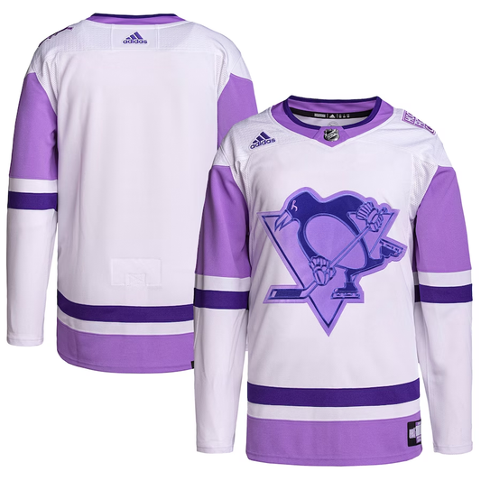 Men's Pittsburgh Penguins White/Purple Hockey Fights Cancer Primegreen Authentic Blank Practice Jersey1
