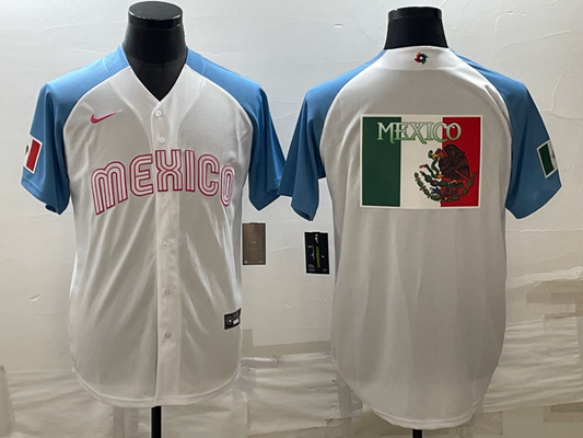Men's 2023 World Baseball Classic Mexico White/Blue Alternate Game Jersey1
