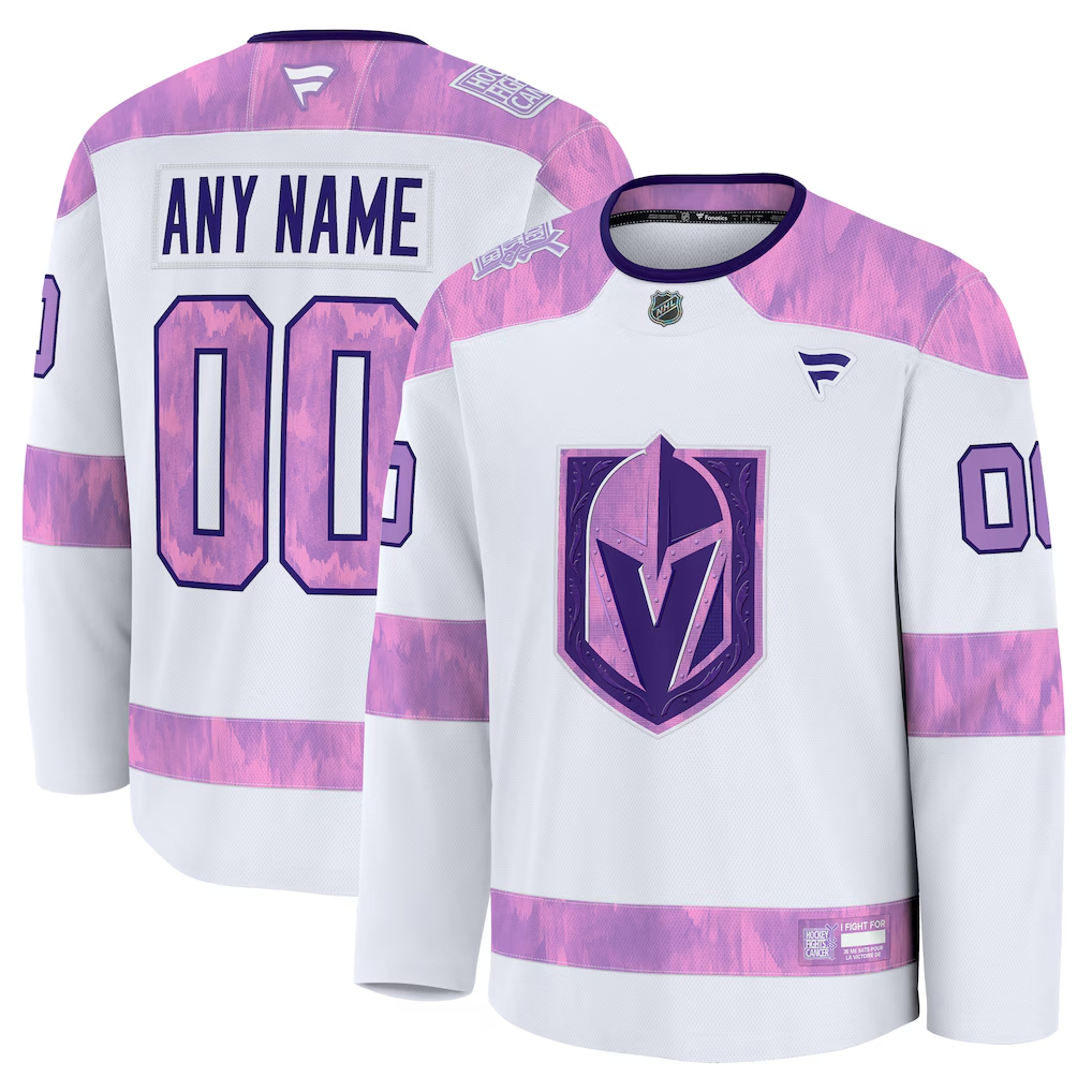 Men's Vegas Golden Knights Fanatics White Purple 2024 Hockey Fights Cancer Practice Custom Jersey