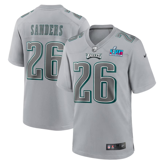 Men's Philadelphia Eagles Miles Sanders #26 Gray Super Bowl LVII Patch Atmosphere Fashion Game Jersey1