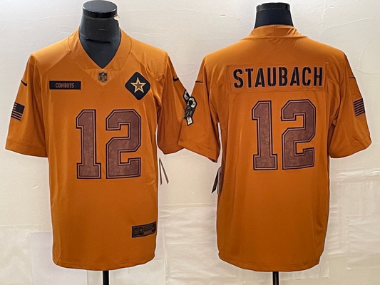 Men's Dallas Cowboys Roger Staubach #12 Brown 2023 Salute To Service Retired Player Limited Jersey1