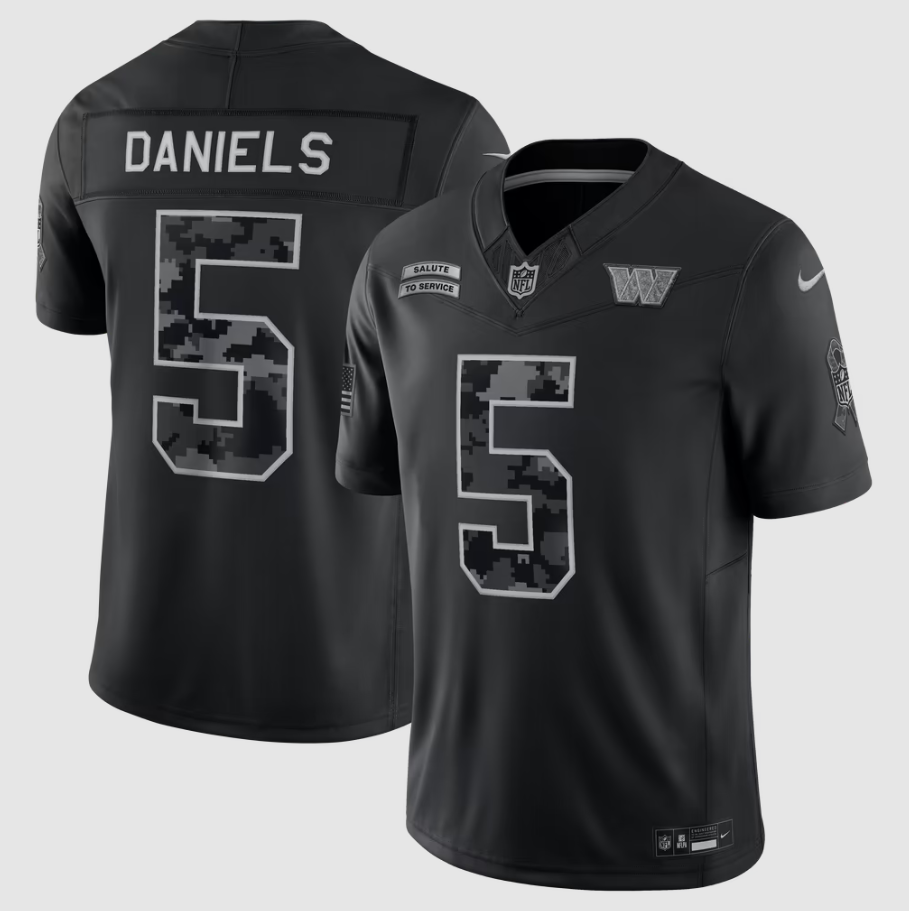 Men's Washington Commanders Jayden Daniels #5 Black 2026 Salute to Service Stitched Limited Jersey