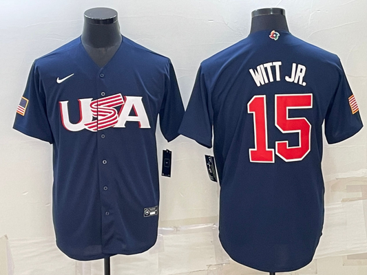 Men's 2023 World Baseball Classic #15 Bobby Witt Jr. USA Navy Jersey1