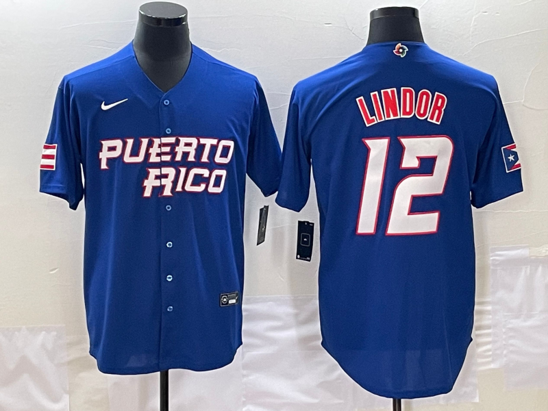 Men's 2023 World Baseball Classic #12 Francisco Lindor Puerto Rico Blue Jersey1