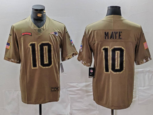 Men's New England Patriots Drake Maye #10 Olive 2022 Salute To Service Limited Jersey1