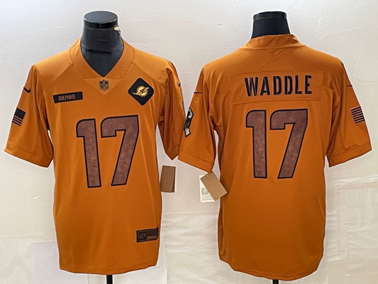 Men's Miami Dolphins Jaylen Waddle #17 Brown 2023 Salute To Service Limited Jersey1