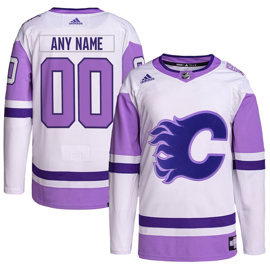 Men's Calgary Flames White/Purple Hockey Fights Cancer Primegreen Authentic Custom Jersey1