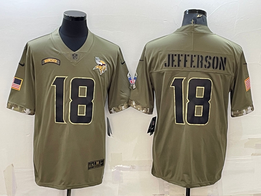 Men's Minnesota Vikings Justin Jefferson #18 Olive 2022 Salute To Service Limited Jersey1