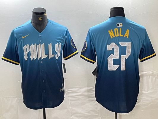 Men's Philadelphia Phillies Aaron Nola #27 Blue 2024 City Connect Limited Player Jersey1