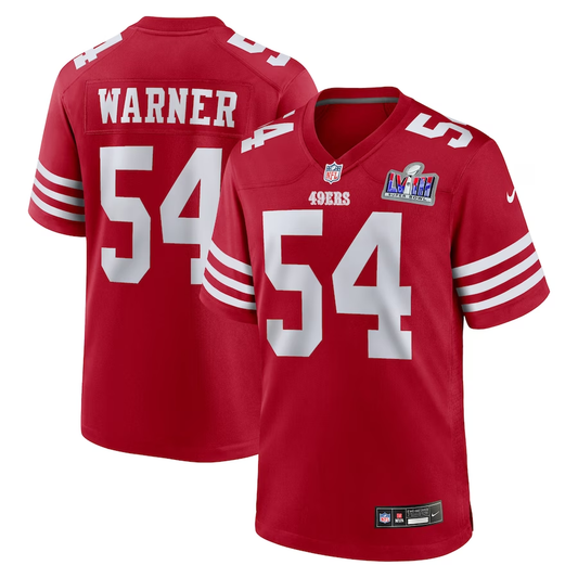Men's San Francisco 49ers Fred Warner #54 Scarlet Super Bowl LVIII Game Jersey1