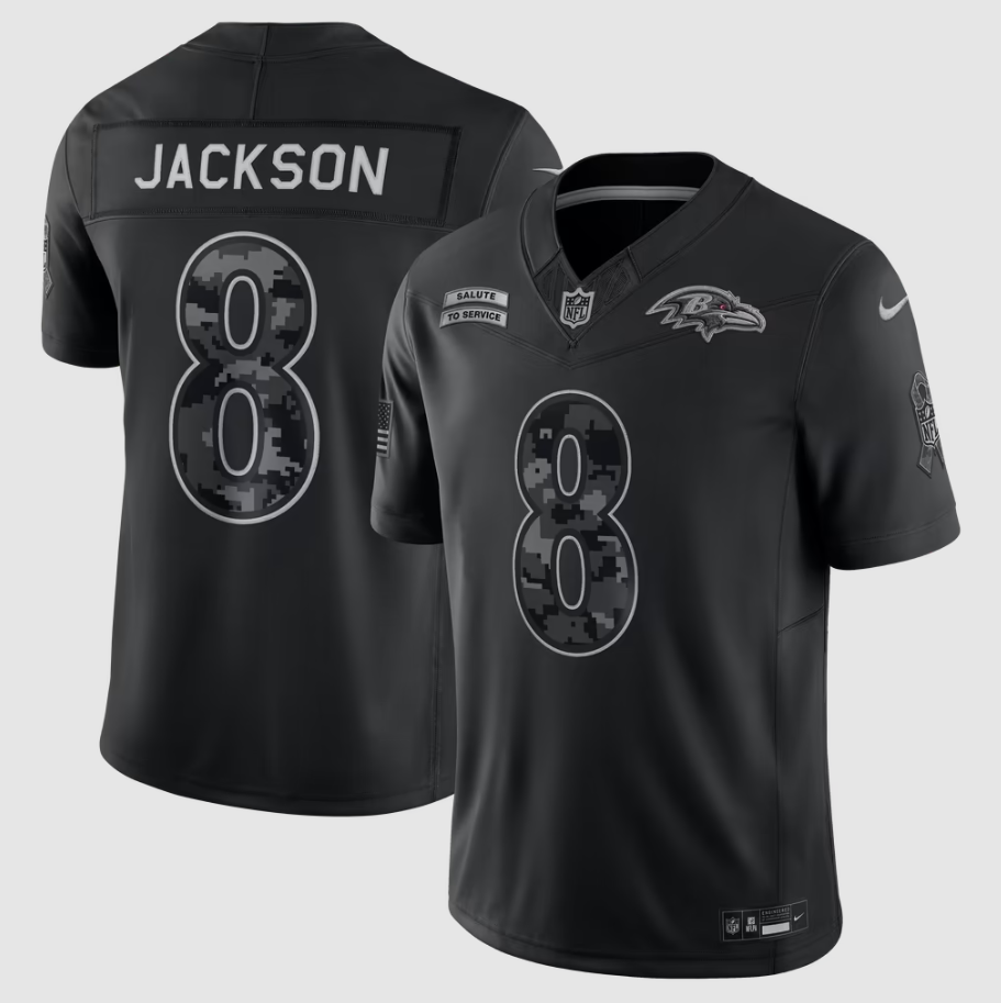 Men's Baltimore Ravens Lamar Jackson #8 Black 2026 Salute to Service Stitched Limited Jersey