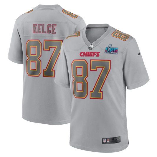 Men's Kansas City Chiefs Travis Kelce #87 Gray Super Bowl LVII Patch Atmosphere Fashion Game Jersey1