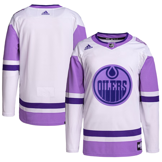 Men's Edmonton Oilers White/Purple Hockey Fights Cancer Primegreen Authentic Blank Practice Jersey1