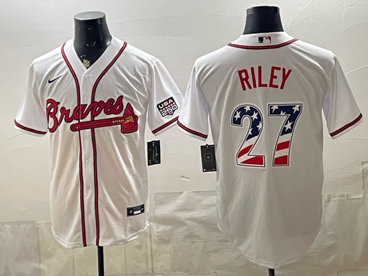 Men's Atlanta Braves Austin Riley #27 White USA 250 Fourth of July Home Stadium Jersey