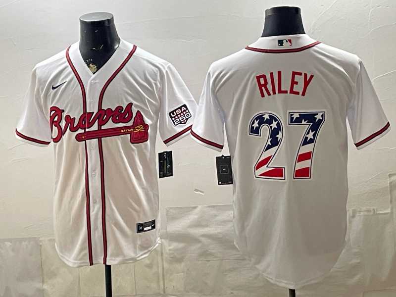 Men's Atlanta Braves Austin Riley #27 White USA 250 Fourth of July Home Stadium Jersey