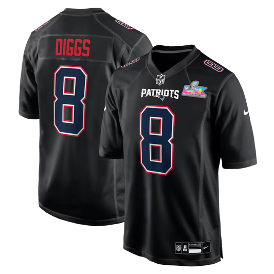 Men's New England Patriots Stefon Diggs #8 Black Super Bowl LX Patch Carbon Fashion Game Jersey