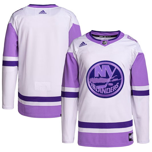 Men's New York Islanders White/Purple Hockey Fights Cancer Primegreen Authentic Blank Practice Jersey1