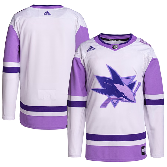 Men's San Jose Sharks White/Purple Hockey Fights Cancer Primegreen Authentic Blank Practice Jersey1