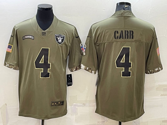 Men's Las Vegas Raiders Derek Carr #4 Olive 2022 Salute To Service Limited Jersey1
