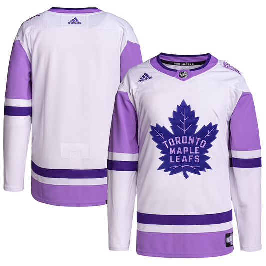 Men's Toronto Maple Leafs White/Purple Hockey Fights Cancer Primegreen Authentic Blank Practice Jersey1