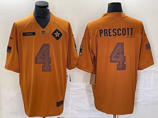 Men's Dallas Cowboys Dak Prescott #4 Brown 2023 Salute To Service Limited Jersey1